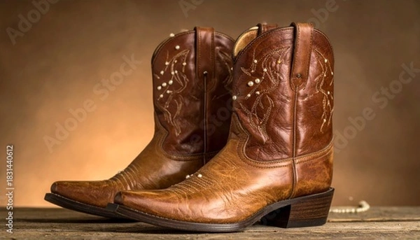 Fototapeta Pair of ornate, brown leather boots with delicate pearl accents, posed against a soft brown background