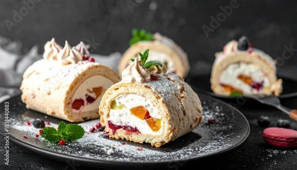 Obraz Fruit meringue rolls on black plate.