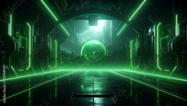 Obraz Futuristic hallway with green neon lights.