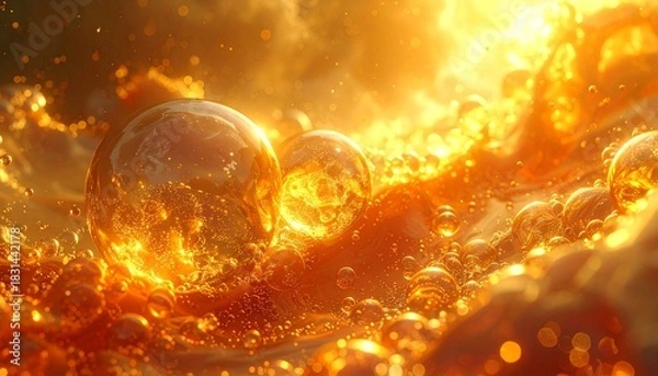 Obraz Glowing golden liquid with bubbles.