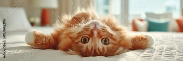 Fototapeta pet-friendly accommodations concept Playful orange cat lounging on a bed.