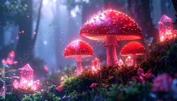 Obraz Glowing Mushrooms and Crystals in Forest.