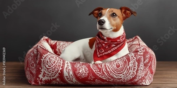 Fototapeta pet-friendly accommodations concept Dog resting comfortably in a patterned bed with a bandana.