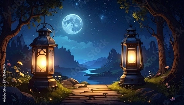 Obraz Lanterns in a moonlit forest scene.