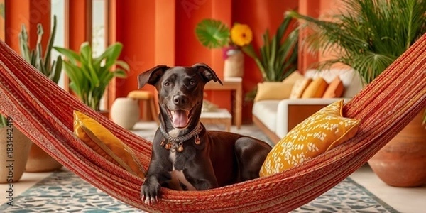 Fototapeta pet-friendly accommodations concept A dog relaxing in a colorful hammock indoors.
