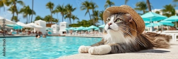 Fototapeta pet-friendly accommodations concept Relaxed cat lounging by a pool in a sunny resort setting.