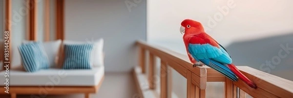 Fototapeta pet-friendly accommodations concept Colorful parrot on a modern balcony railing.