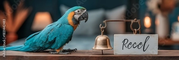 Fototapeta pet-friendly accommodations concept Colorful parrot beside a bell and welcome sign.