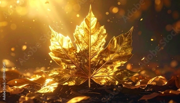 Obraz Golden Maple Leaf with Autumn Foliage, and Sunlight.