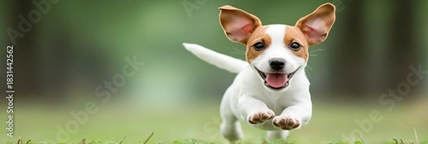 Fototapeta pet-friendly accommodations concept Happy dog running joyfully in a green field.