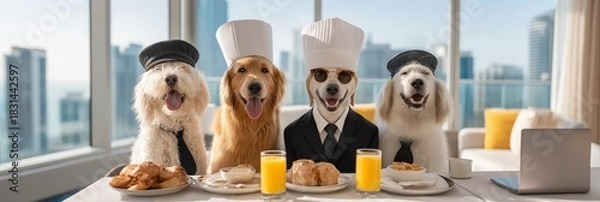 Fototapeta pet-friendly accommodations concept Dogs dressed as chefs at a breakfast table in a luxury setting.