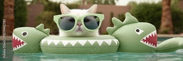Fototapeta pet-friendly accommodations concept Cat in sunglasses floating on a pool raft.