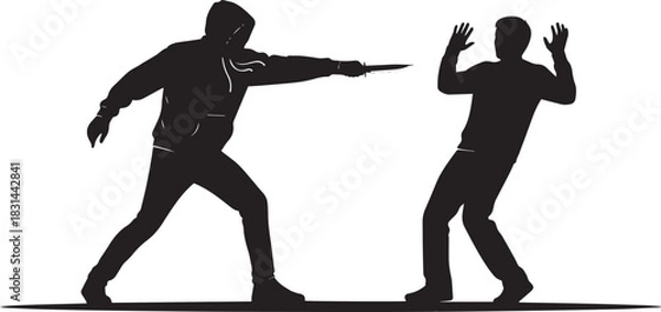 Fototapeta Criminal threatening victim with knife silhouette. Street robber attacking scared man, mugging scenario, and violence concept vector illustration.
