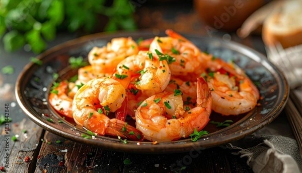 Obraz Grilled shrimp with herbs on a plate.