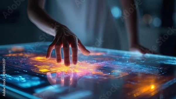 Obraz Ai powered personalized news engine concept. Innovative touch interface displays vibrant data and graphics.