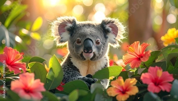 Obraz Koala bear with flowers with bright background.