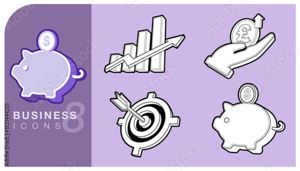 Fototapeta Set of business icons representing financial planning, investment and goal setting. piggy bank for saving, bar chart for growth, hand holding pound sterling and target with an arrow for business.