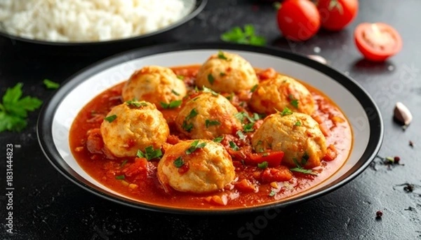 Obraz Meatballs in tomato sauce with rice.