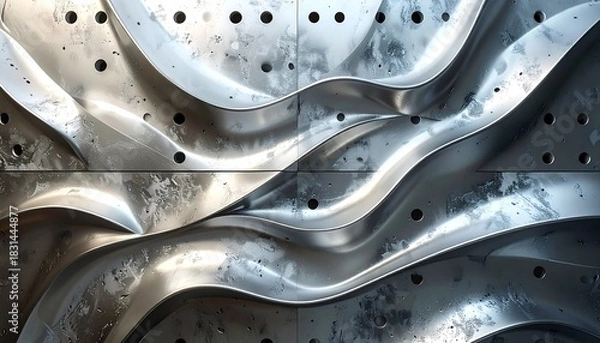 Obraz Metallic, textured abstract art, featuring flowing waves and geometric drilled panels
