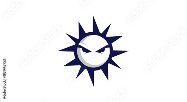 Fototapeta Stylized sun illustration with sharp rays and stern face on white backdrop