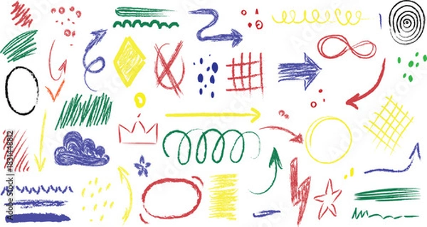 Fototapeta crayon pencil color collection of hand-drawn doodle elements created with  pastel texture. 