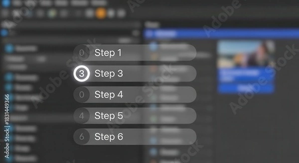 Fototapeta Digital interface displays a sequence of numbered process steps within a blurred application background.