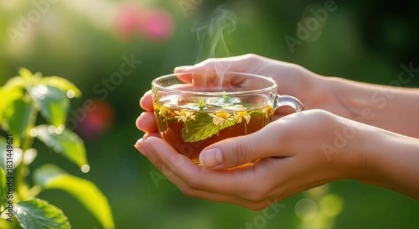 Obraz Hands holding glass cup with herbal tea containing chamomile flowers and mint leaves outdoors. Herbal drink and relaxation