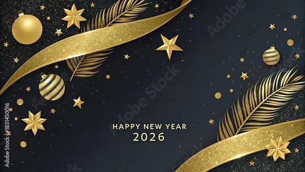 Fototapeta Happy new year 2026 luxurious greeting card design featuring golden glitter ribbon, stars, and ornaments on a navy backdrop.