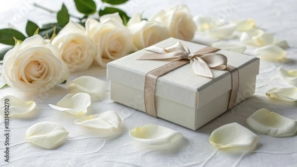 Fototapeta Elegant Gift Box Surrounded by White Roses and Petals on a Soft Textured Background