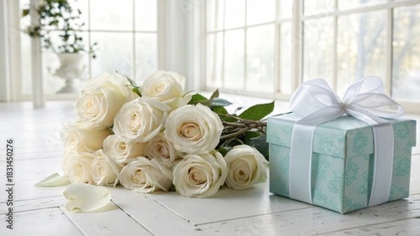 Fototapeta Elegant white roses with gift box on wooden floor against bright window background