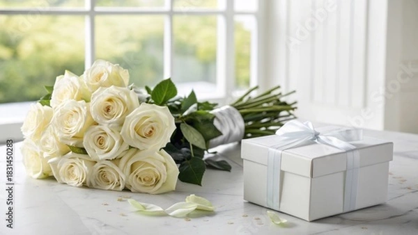 Fototapeta Elegant White Roses and Gift Box on a Table by Bright Window in a Cozy Setting