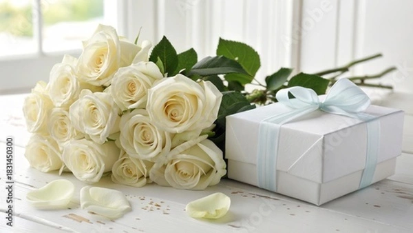 Fototapeta Elegant White Roses Arranged with a Gift Box on a Bright Wooden Table
