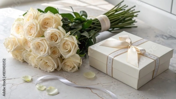 Fototapeta Elegant White Roses Bouquet with Gift Box and Satin Ribbon on a Marble Table Surface