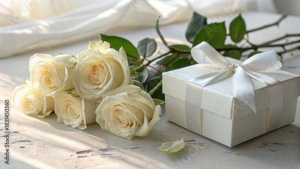 Fototapeta Elegant White Roses and Gift Box Arrangement on Rustic Wooden Surface