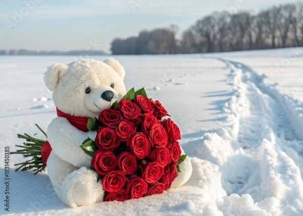 Fototapeta Cute teddy bear holds bouquet of red roses in snowy field with winter landscape background