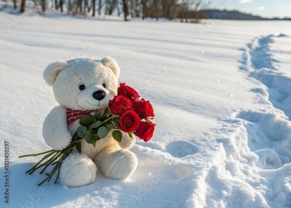 Fototapeta Cute teddy bear holding red roses in snow-covered landscape with soft sunlight shining