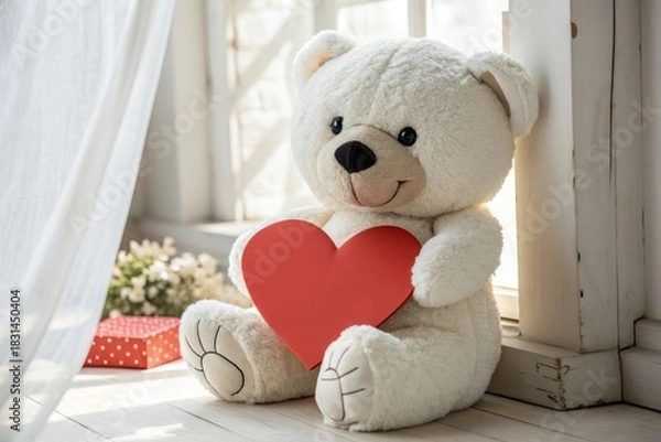 Fototapeta Soft Teddy Bear Sitting with Heart on Wooden Floor in Bright Indoor Setting
