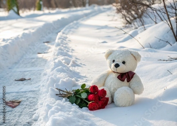 Fototapeta Cute teddy bear seated in fresh snow with roses beside it on a winter day in a tranquil landscape