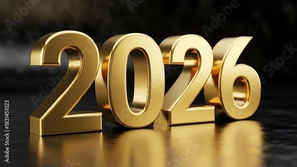 Fototapeta Shiny gold 3d numbers representing the year 2026 on a reflective surface