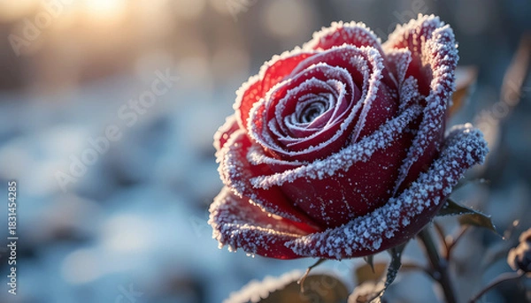 Fototapeta A dramatic macro close-up of a red rose coated in delicate frost crystals, illuminated by icy morning light with razor-sharp details and a softly blurred winter background.