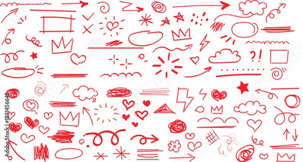 Fototapeta collection of hand-drawn red doodles and sketch elements sparkle stars vector illustration  
