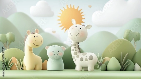 Fototapeta Three cartoon animals, including giraffes and a bear, stand in a stylized green landscape with a sun and clouds.