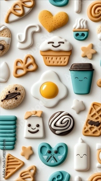 Fototapeta An assortment of cute food items including cookies, pastries, and a coffee cup, arranged on a white background.