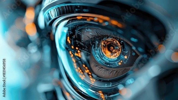 Fototapeta Close-up of a human eye with a cybernetic interface, showcasing digital technology and futuristic concepts. The eye is reflected in a metallic surface, creating