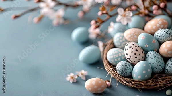 Fototapeta Close-up of a nest filled with decorated Easter eggs, with soft blossoms and a blue background, creating a festive and spring-like atmosphere.