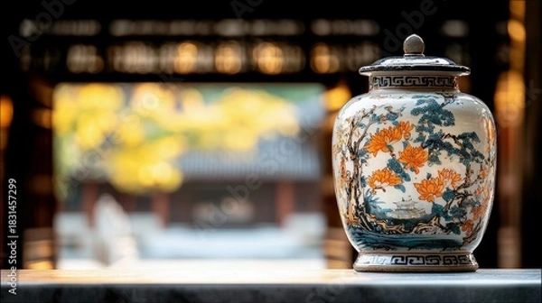 Fototapeta A detailed shot of a decorative ceramic jar with a floral design, set against the backdrop of a traditional Chinese building, creating a serene and artistic com