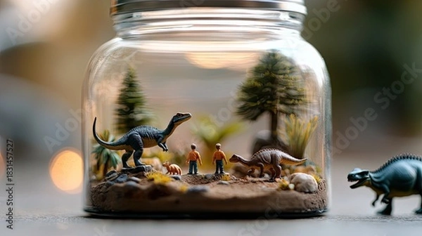 Fototapeta A creative image featuring miniature dinosaurs and people inside a glass jar, with a blurred background. The scene evokes a sense of wonder and imagination.