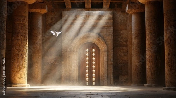 Fototapeta A white dove flies through a beam of light in an ancient temple. The interior features large columns, stone walls, and a wooden door.