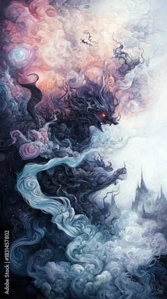Fototapeta An artistic depiction of a dragon emerging from swirling clouds in a fantasy landscape. The artwork features dramatic lighting and a sense of mystery.