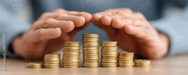 Obraz Hands forming barrier over coins for investment security concept. Hands protecting growing stacks of coins, symbolizing finance.